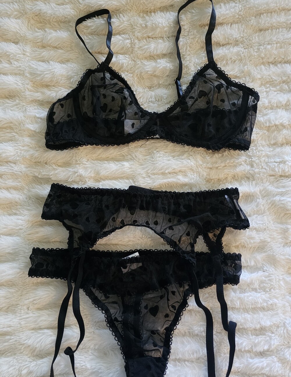 SHEIN Black Heart Mesh Lace Bralette Garter & Thong Set Small